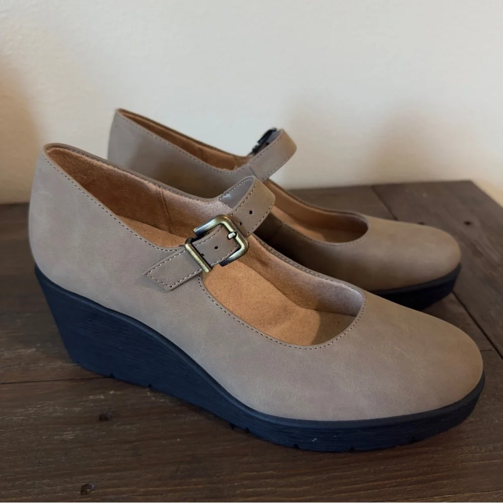 Adore Taupe Mary Jane Wedges with Black Platform
